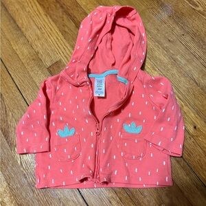 Coral Hooded Baby Jacket with Mint Leaf Appliqués